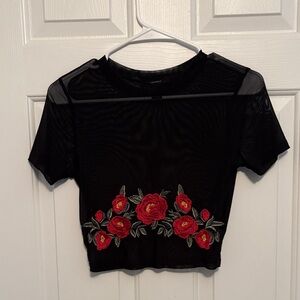 Forever 21 Black Mesh Top with Red Floral Design